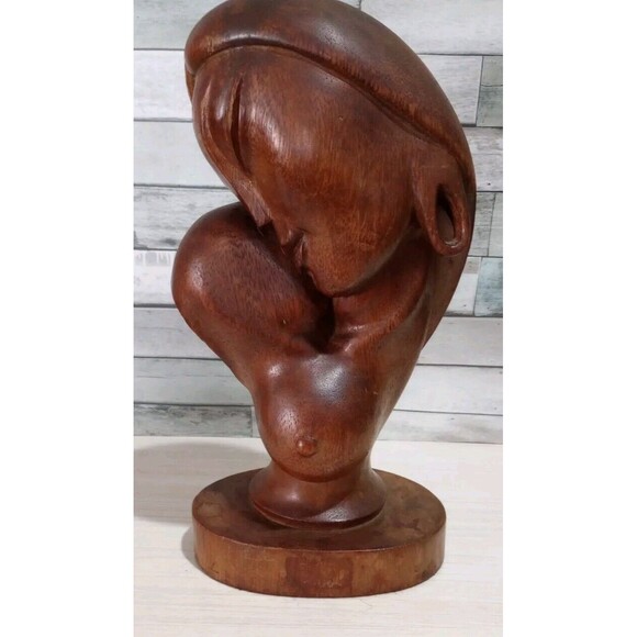 Vintage Mid Century Modern Art Deco Hawaiian Wood Hand Carved Female Infant Bust - Picture 1 of 15
